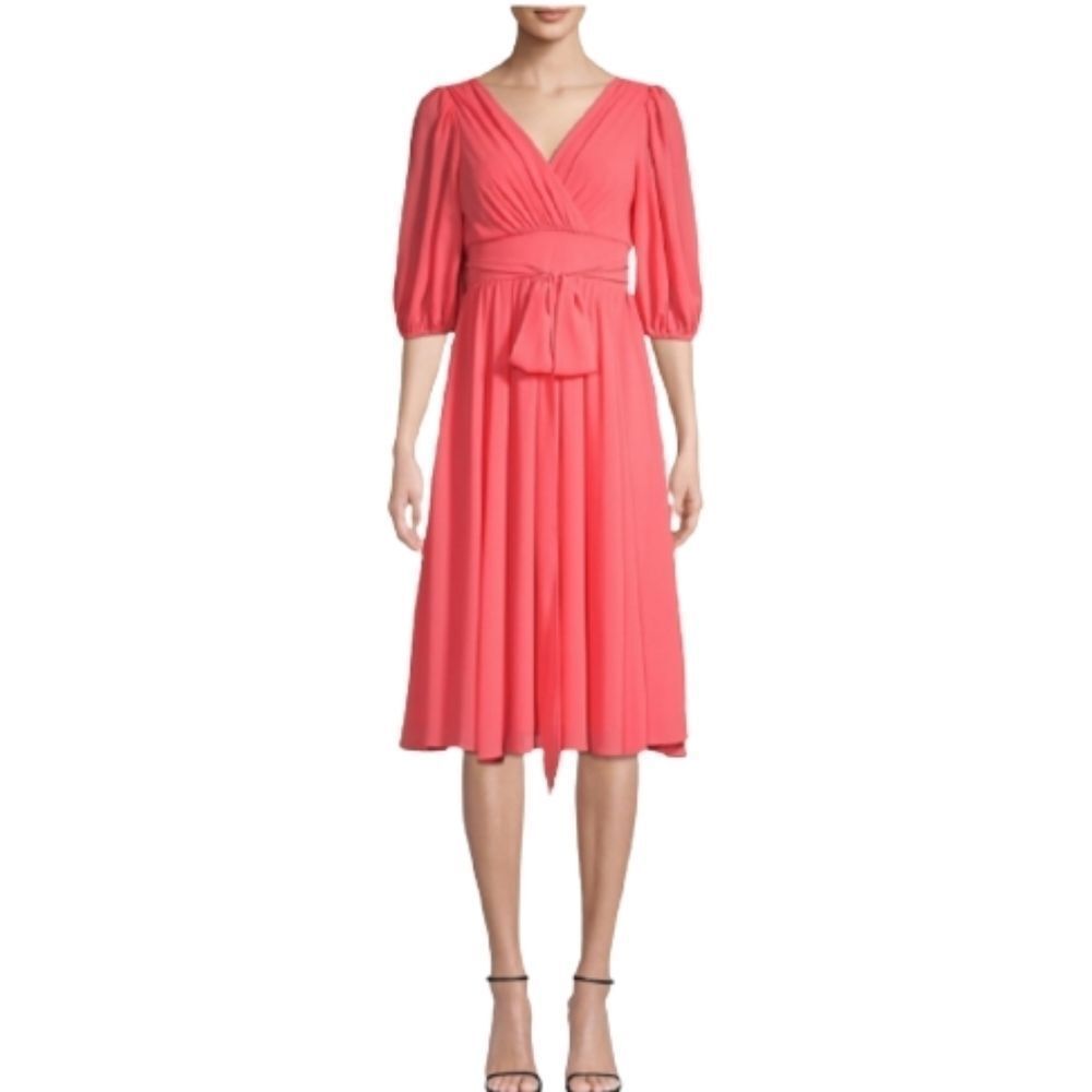 GABBY SKYE Coral Pleated Wrap Chiffon Midi Dress Womens Size 10